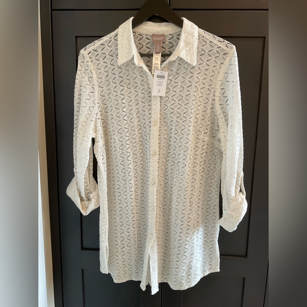 🌸✨ NWT Chico’s Naomi Long Lace Blouse Cream Oversized Size 2 M/L Sheer